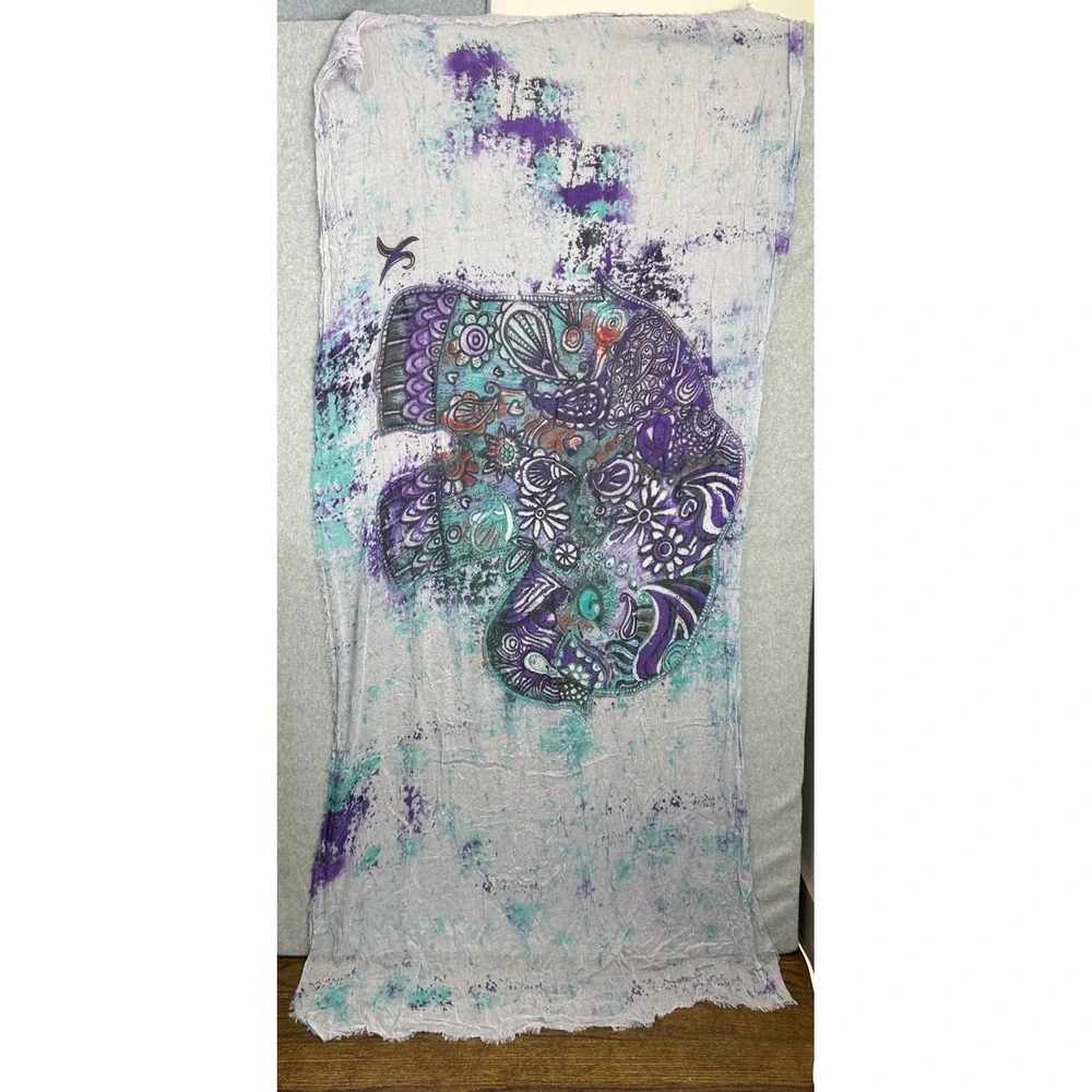 Blue Pacific Scarf Purple Teal Elephant Print Cashmere Silk Blend Bohemian Artsy